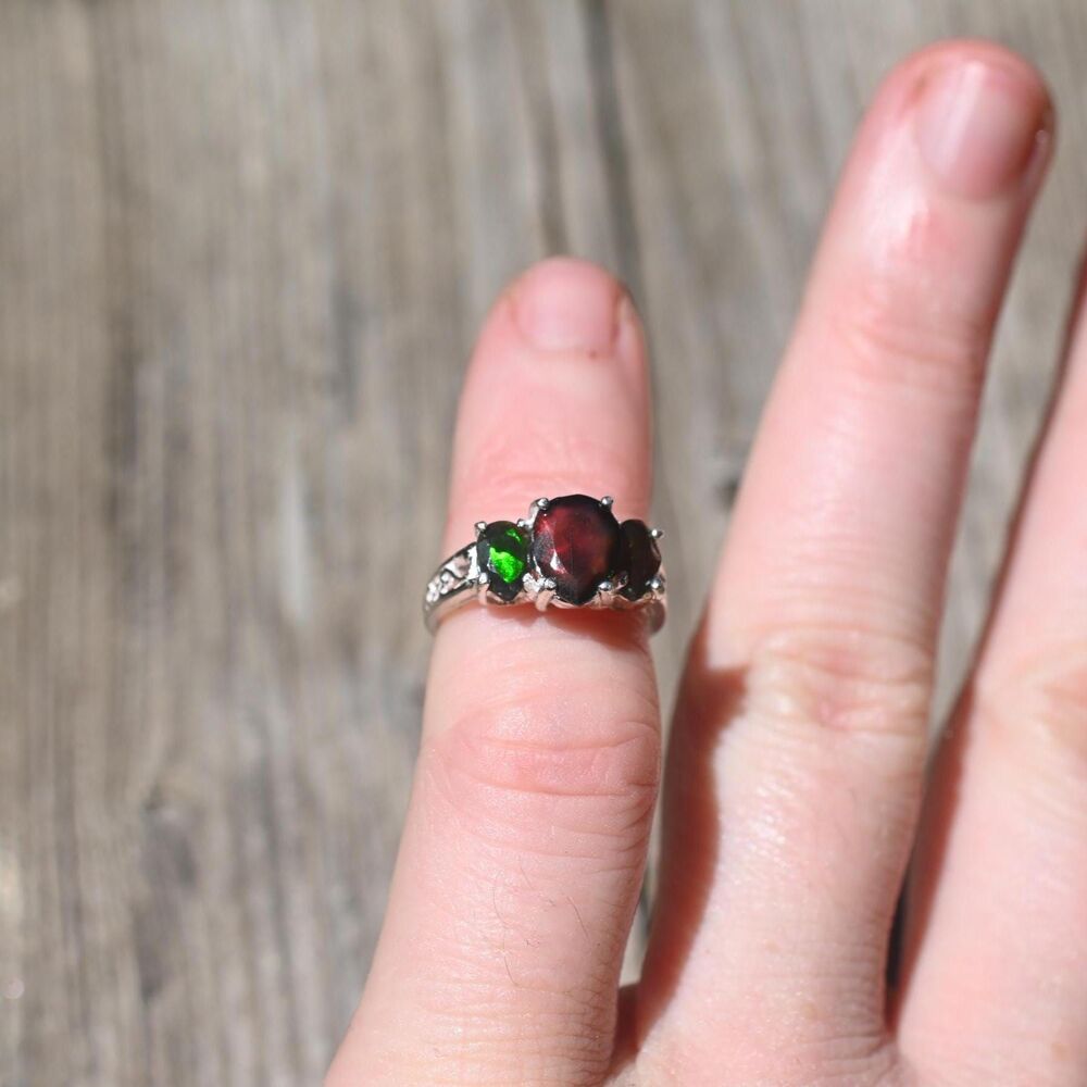 Iridescent Opal Centerpiece Ring - Multifaceted Side Stones - Unique Boho Statem